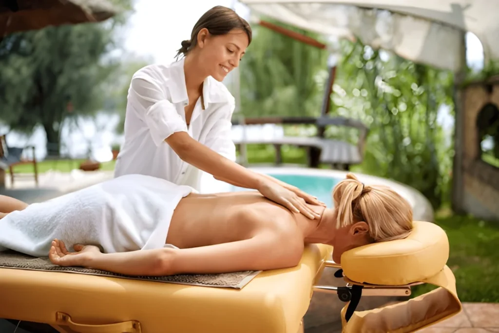 Therapist giving a relaxing full body massage to a woman at Nexus International Spa in Banashankari, Bangalore