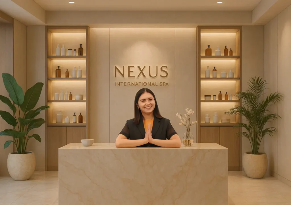 Modern spa reception area with wooden flooring, soft lighting, and indoor plants at Nexus International Spa in Banashankari, Bangalore.